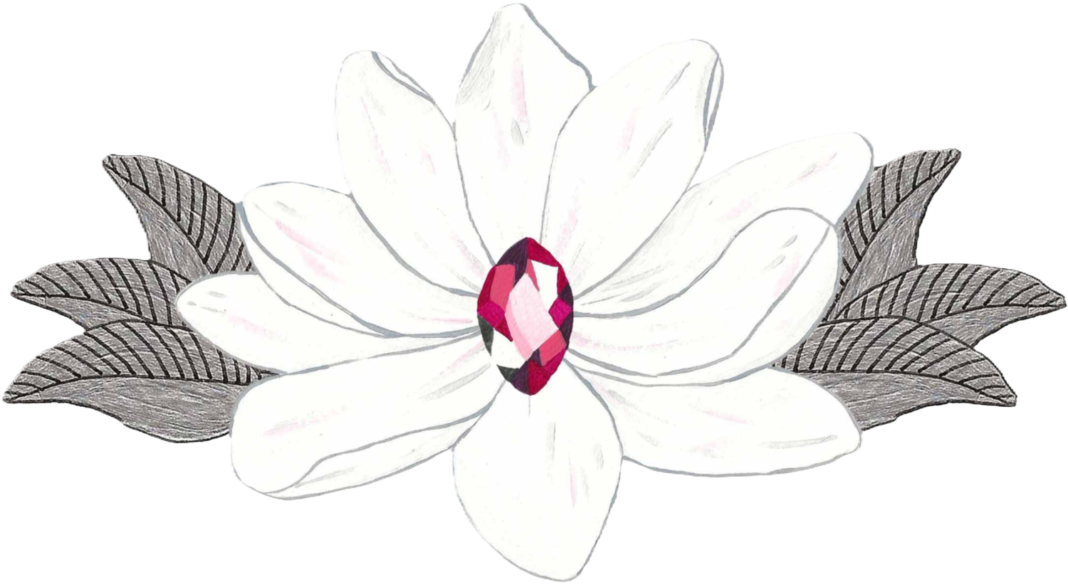 Pink Sapphire Designs' illustrated white magnolia with pink sapphire center and silver leaves logo.