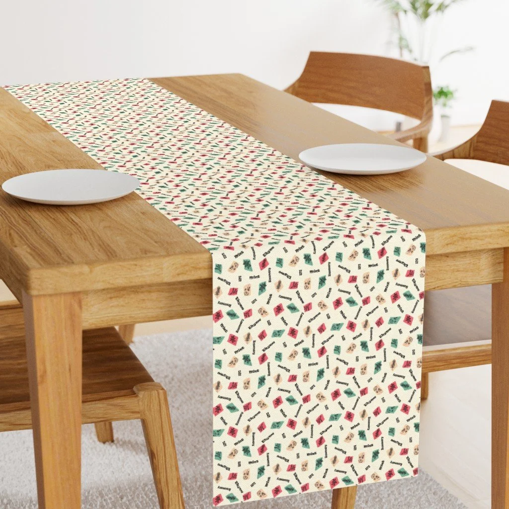 Table Runner in MCM Kitchen Garden Herbs Botanical Fabric - Rosmary & Dill (Ivory).jpg