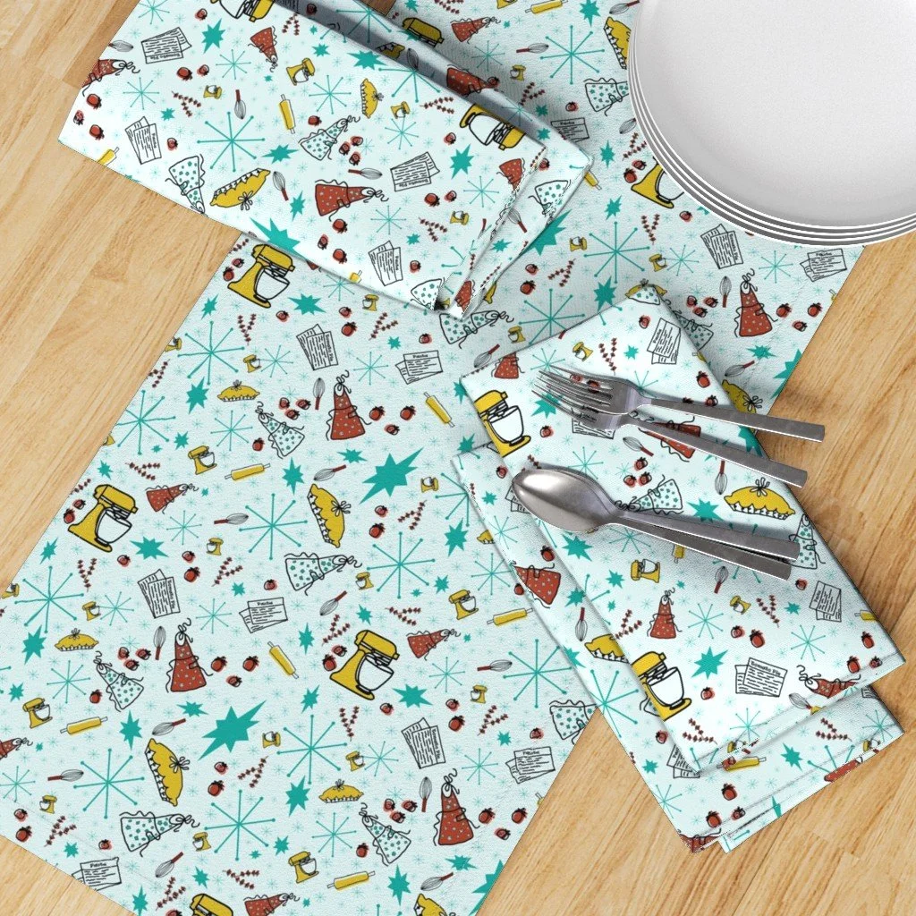 Table Runner & Napkins in Retro Baking Dish & Kitchen Gadget MCM Starburst Fabric in Light Mint Green.jpg