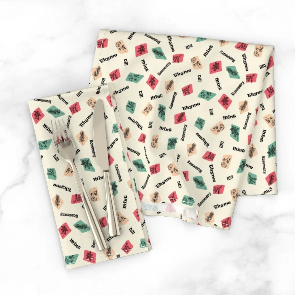 Dinner Napkins in MCM Kitchen Garden Herbs Botanical Fabric - Rosmary & Dill (Ivory).jpg