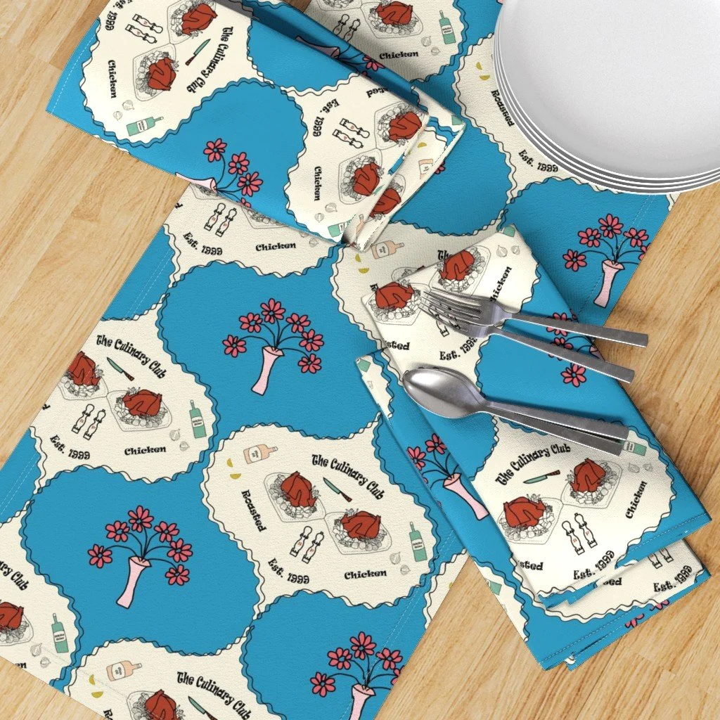 Table Runner & Napkins MCM Roasted Chicken & Flower Ogee Pattern (Blue & Ivory).jpg