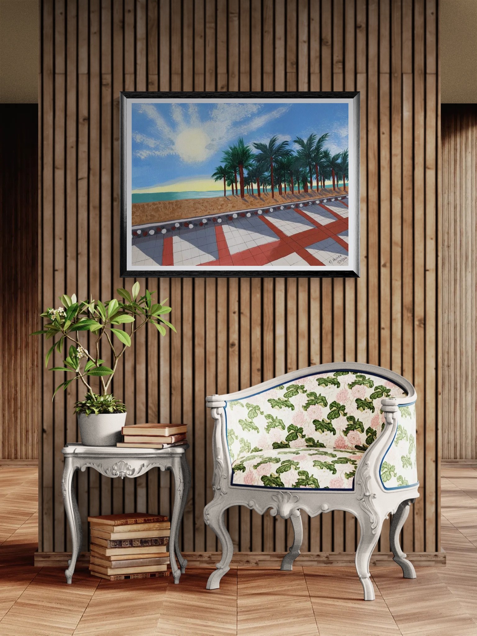 Torremolinos Beach painting over Antique chair and table.jpeg