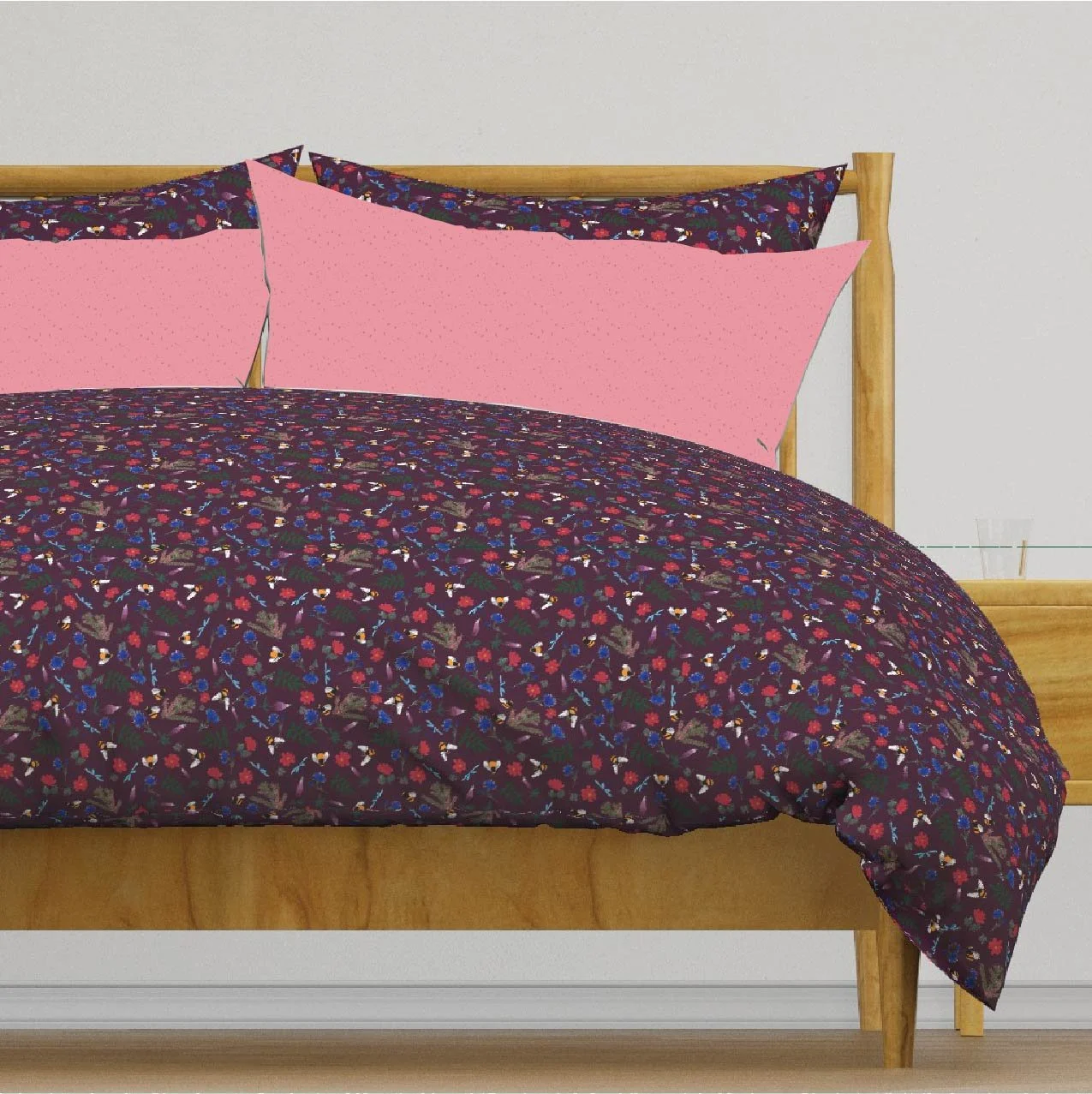 Duvet Cover in Whimsical Bees & Wildflowers on Burgundy with Rose Pillows.jpg