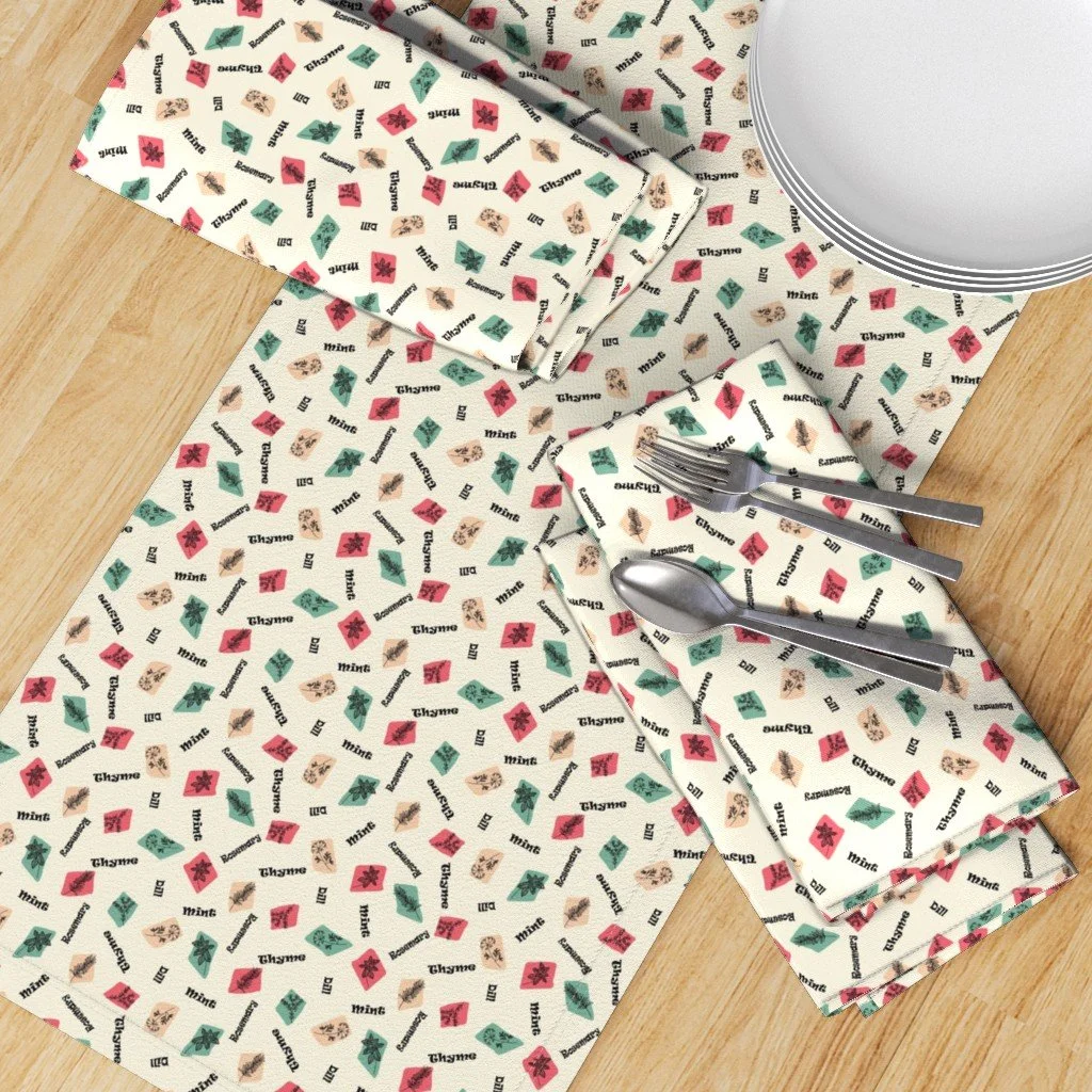Table Runner & Napkins in MCM Kitchen Garden Herbs Botanical Fabric - Rosmary & Dill (Ivory).jpg