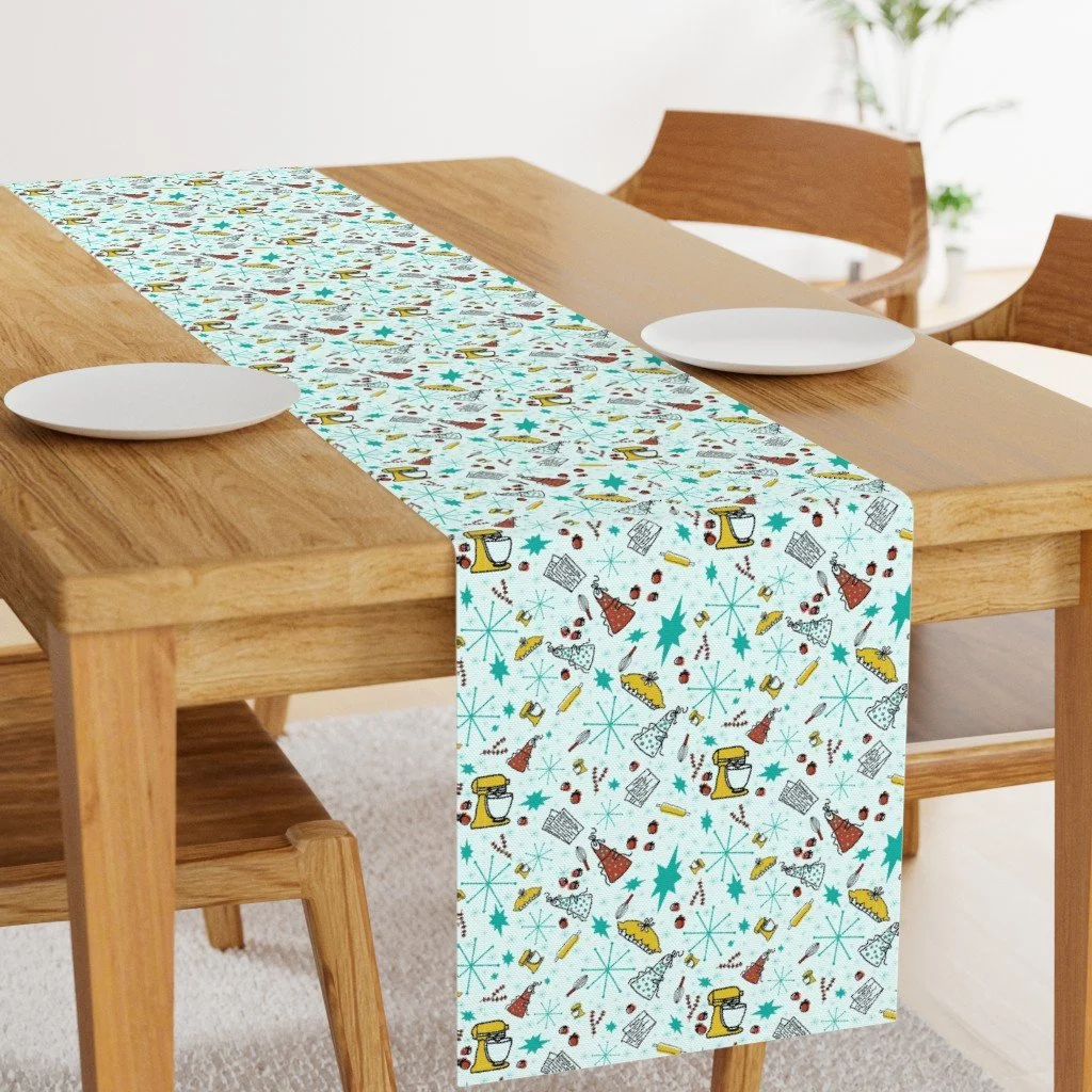 Table Runner in Retro Baking Dish & Kitchen Gadget MCM Starburst Fabric in Light Mint Green.jpg