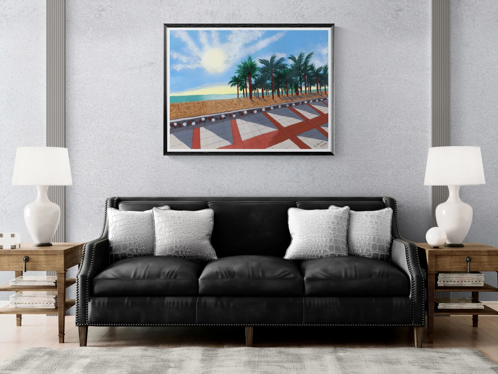 Framed Torremolinos Beach painting in Traditional living room with a leather sofa.jpeg