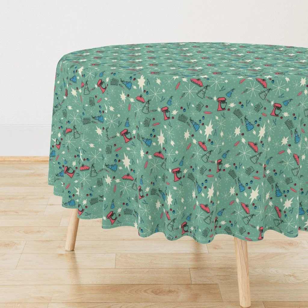 Tablecloth in Retro Tomato Pie & Kitchen Gadget MCM Starburst Fabric in Dark Mint Green.jpg