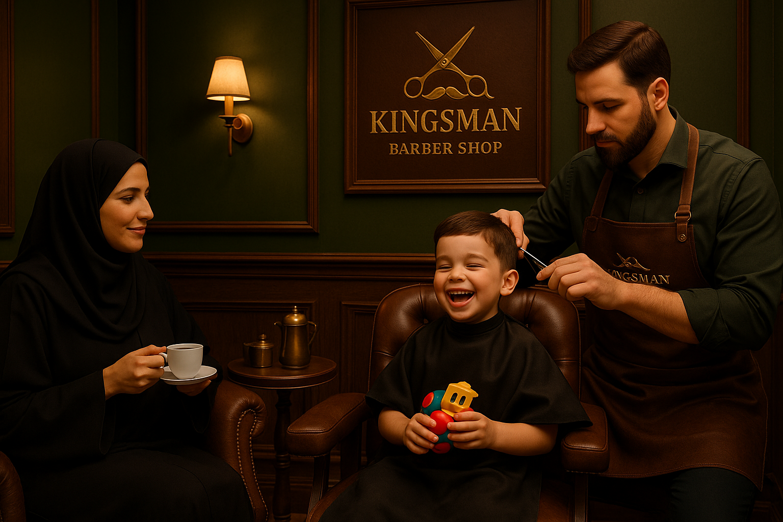 A young boy with a toy in hand sitting in a barber's chair at Kingsman Barber Shop, smiling as a barber trims his hair. A woman, possibly his mother, holds a coffee cup, watching them. The barber, wearing an apron, stands beside him in a dimly lit, cozy barber shop with dark green walls and wooden accents.