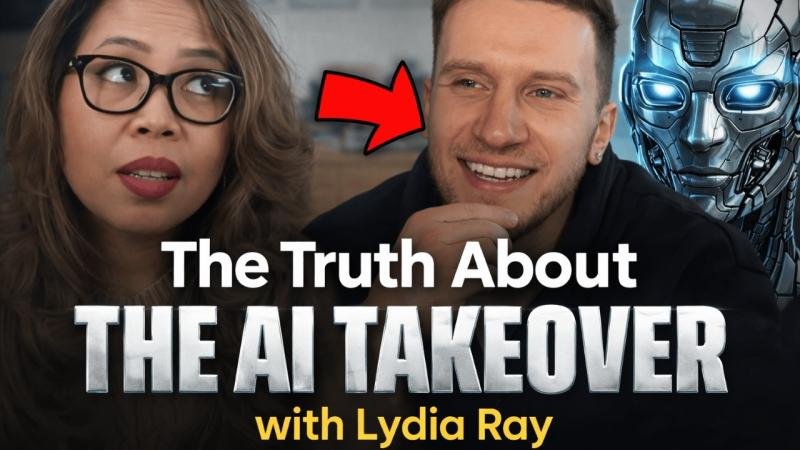 Thumbnail featuring a woman in glasses, a smiling man, and a futuristic robot beside text reading “The Truth About the AI Takeover with Lydia Ray.”