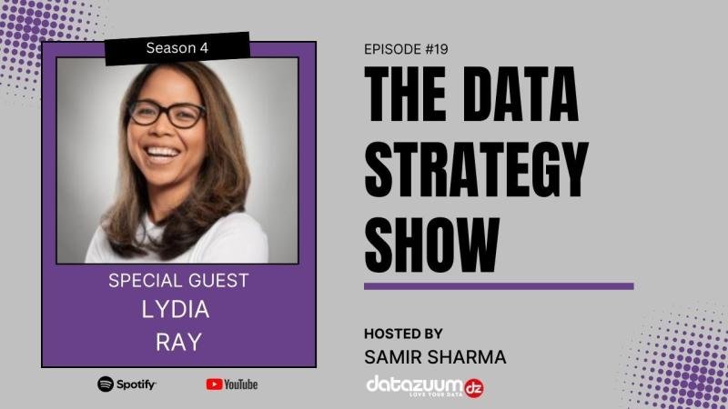 The Data Strategy Show Season 4 Episode 19 podcast graphic featuring special guest Lydia Ray, hosted by Samir Sharma, with Spotify and YouTube logos.