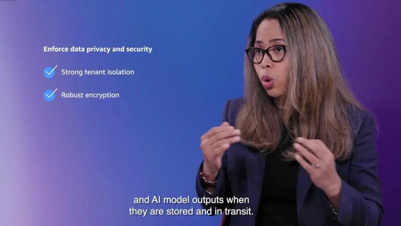 Woman presenting data privacy and security features, including strong tenant isolation and robust encryption, on a blue-purple background.