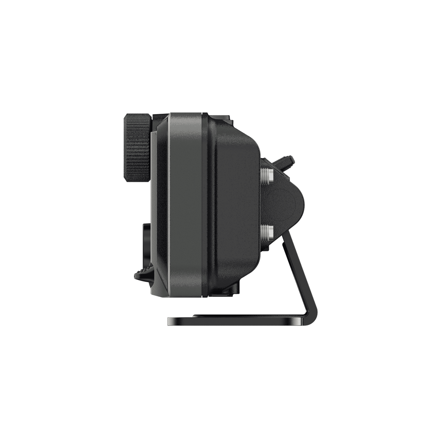 Side view of a professional video or studio light with a black and gray exterior and a stand.