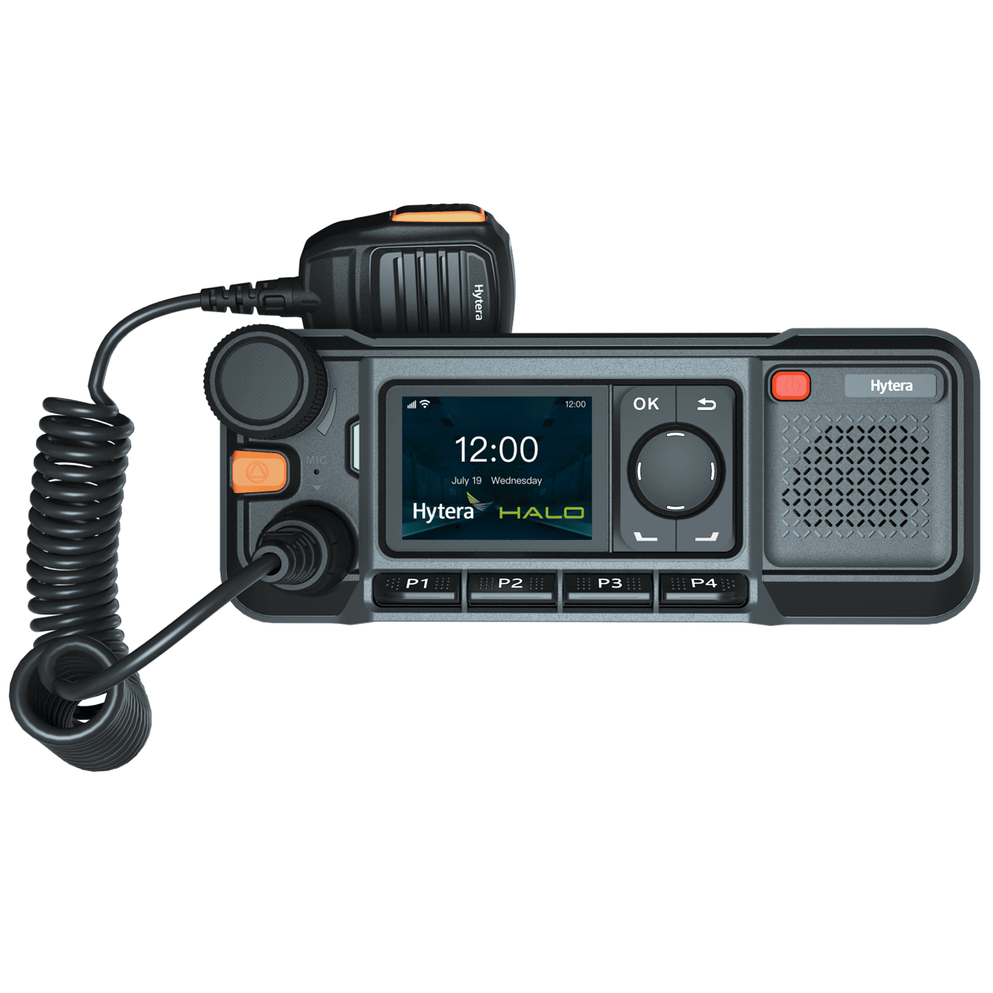 Mobile radio communication device with a screen displaying the time, date, and brand names.