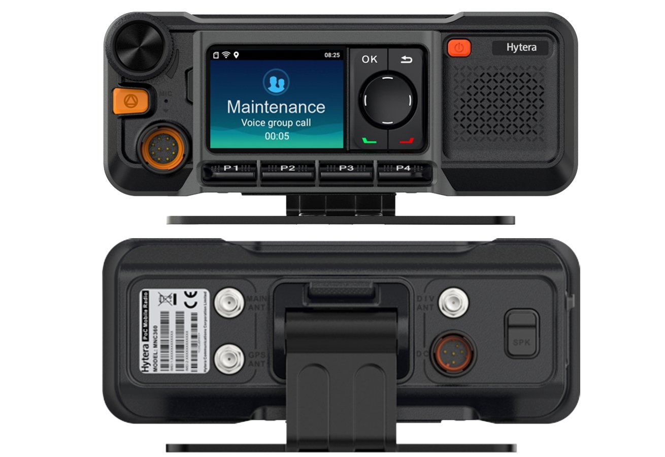 Two views of a portable two-way radio communication device, front and back, with a digital display showing a voice group call in maintenance mode.