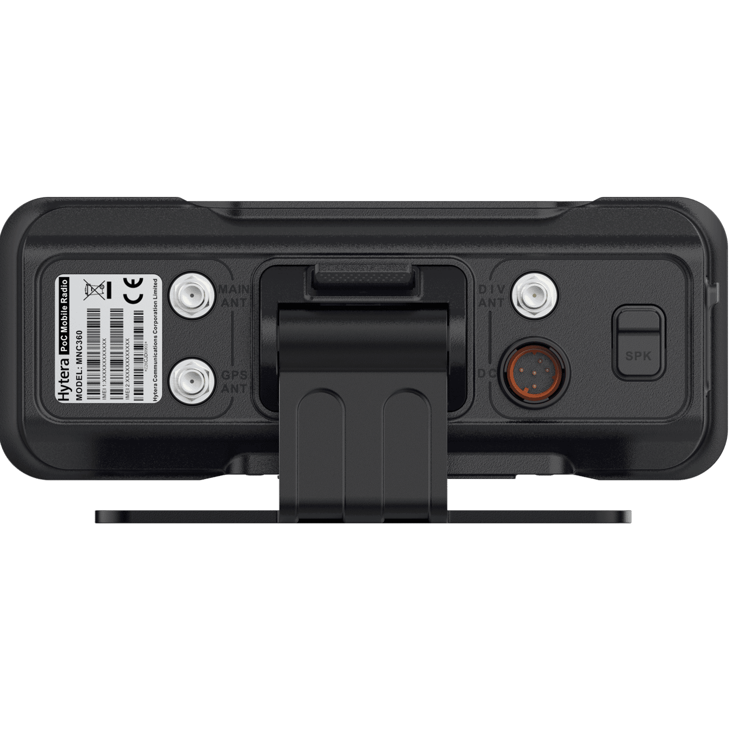 Rear view of a black Hytera PMR radio with antennas, speaker button, and mounting bracket.