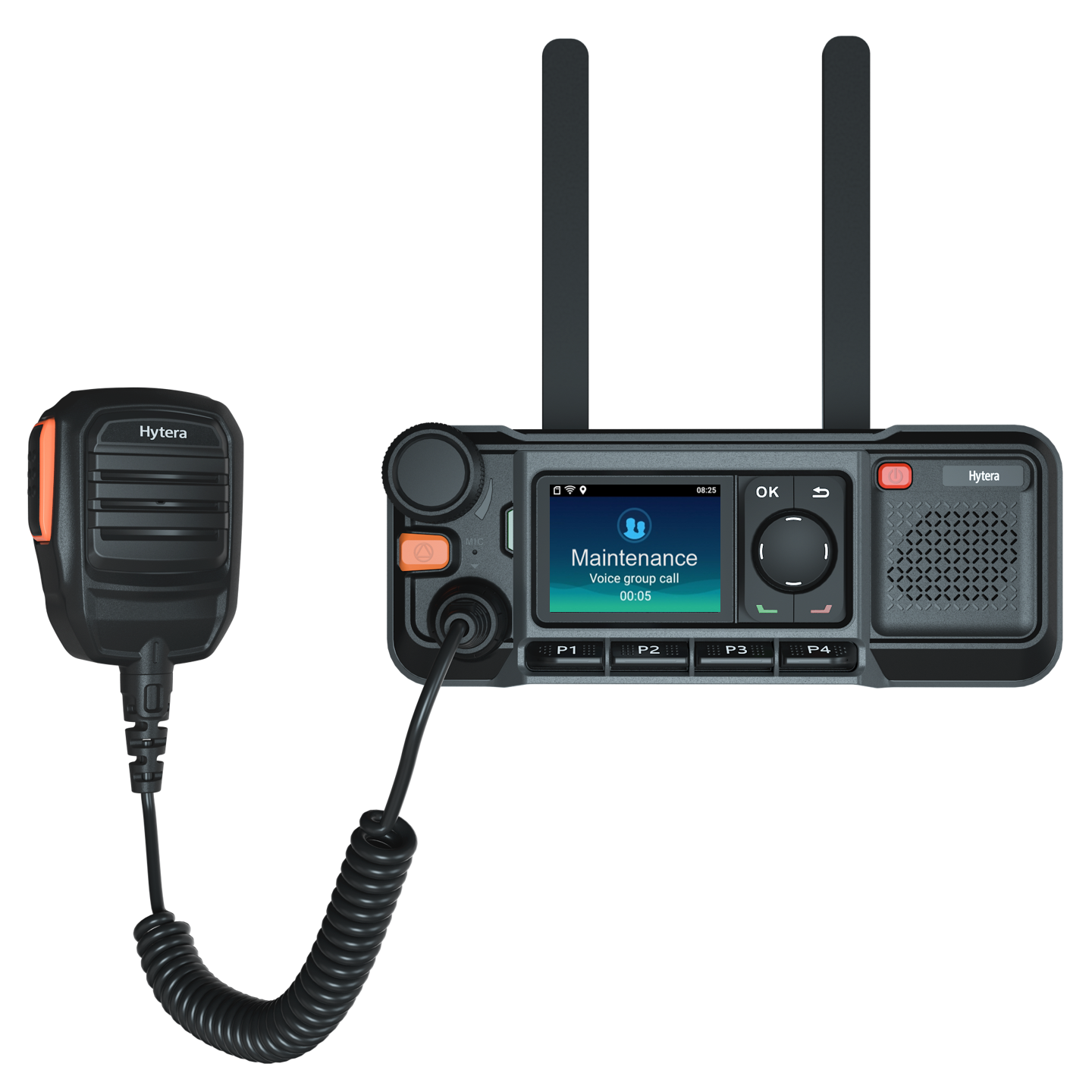 A two-way radio communication device with a microphone and a screen displaying a voice group call labeled 'Maintenance'.