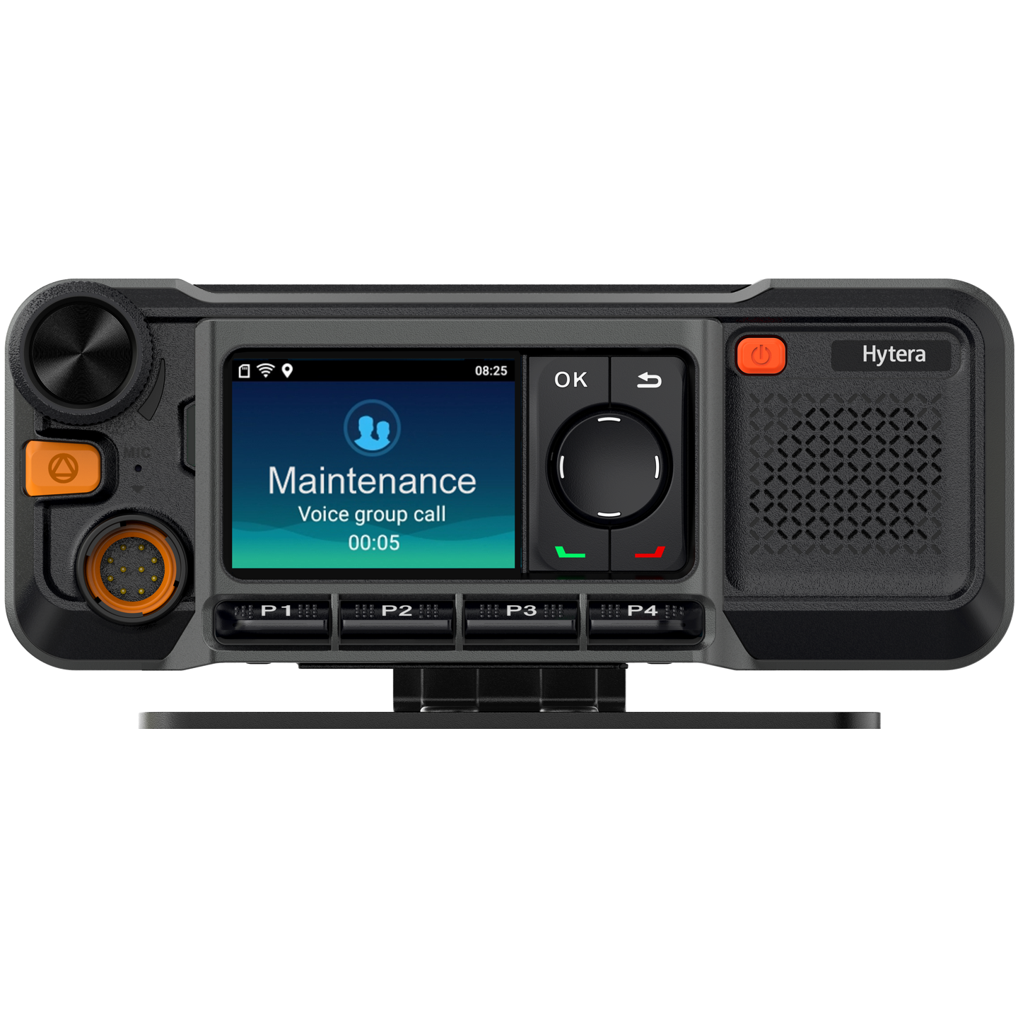 Professional radio communication device with a screen displaying an ongoing voice group call for maintenance.