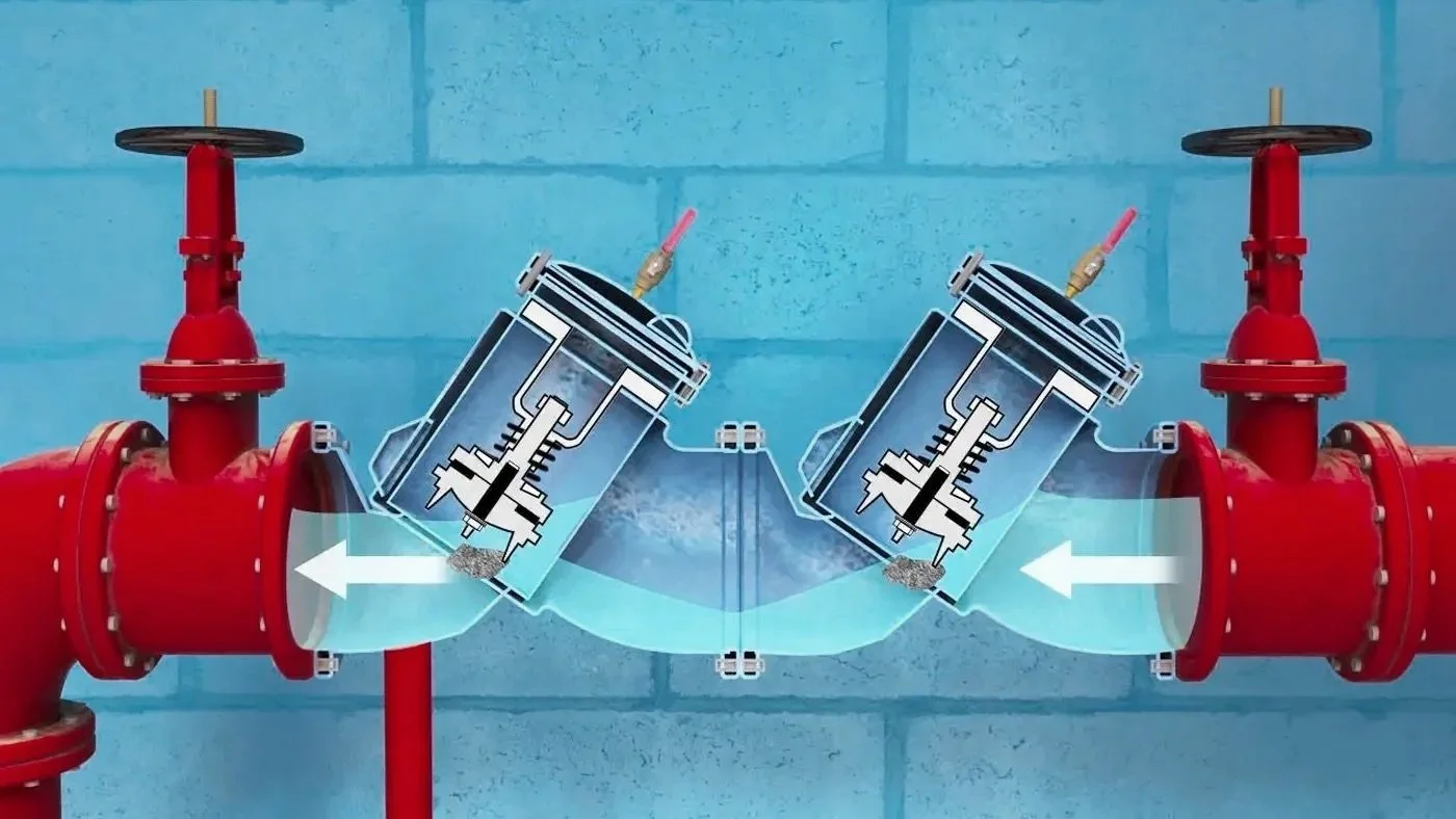 Diagram showing water flow through a piping system with two valves, with an illustration of a filtration or purification process occurring inside the system.