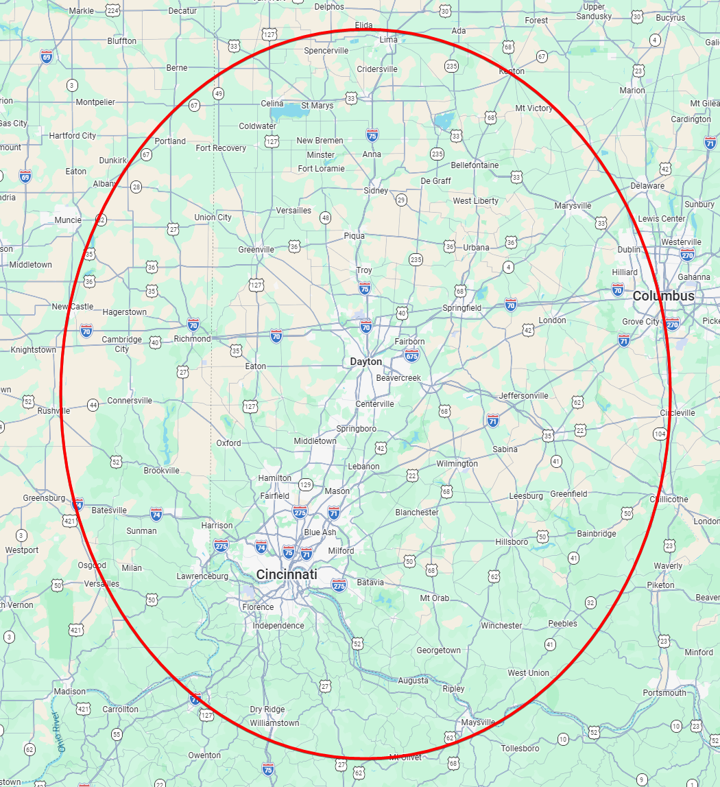 Rough outline map of coverage areas