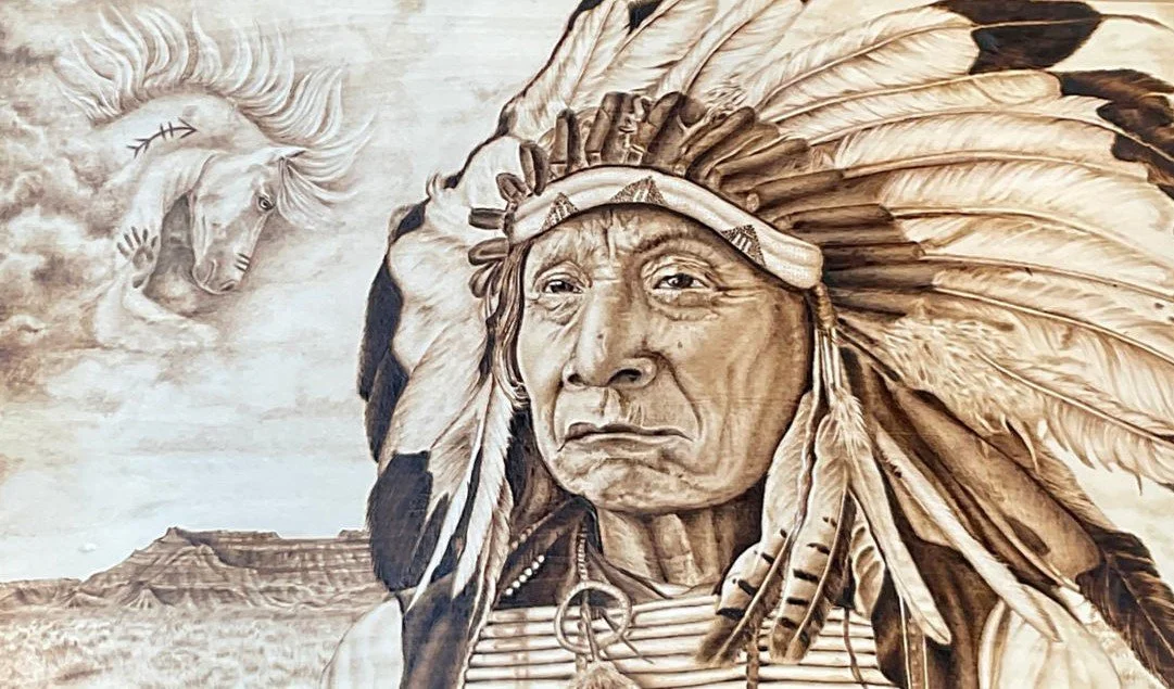 CHIEF RED CLOUD
Original Hand-Burned Art of Chief Red Cloud was a leader of the Oglala branch of the Teton Sioux, He was born in north-central Nebraska near the forks of the Platte River. He was the first Native American Indian in the West to win a w