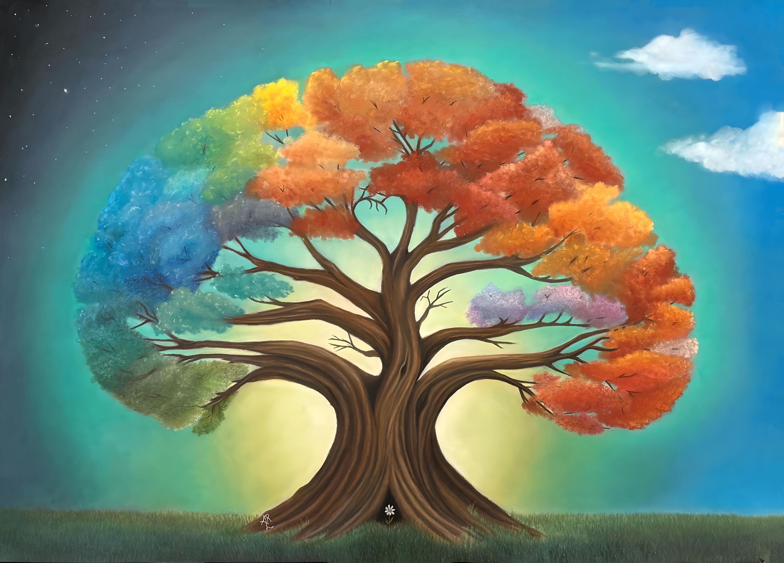 TREE OF HOPE
This original and colorful pastel piece symbolizes the transition from the old life to a new life. Like people, each leaf, limb, and root of the tree is unique. Each element grows in different ways and at different stages of life.  
