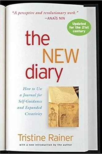 Cover of a book titled 'The New Diary' by Tristine Rainer, featuring a beige journal and handwritten sketches.