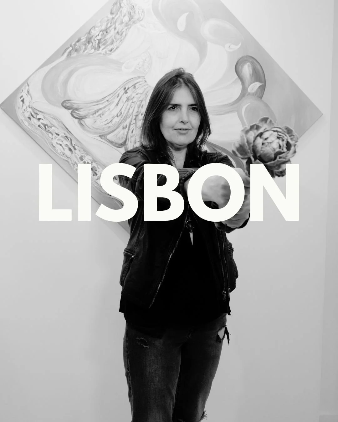 A woman in a leather jacket holding a flower in front of a painting, with the word LISBON overlaid, in a gallery setting.