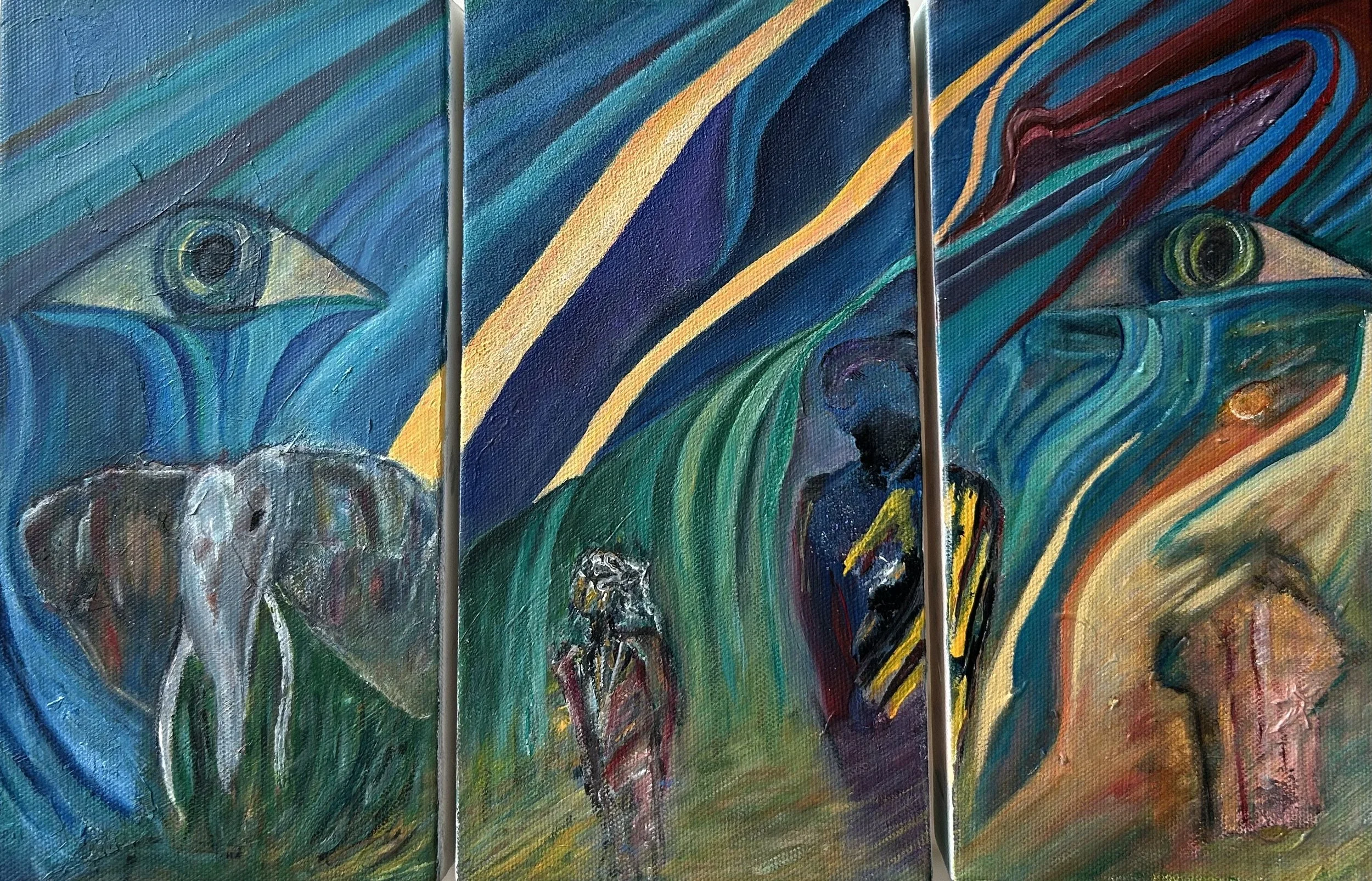 A triptych painting with vibrant abstract colors, featuring human faces, a bird, large eyes, and swirling patterns.