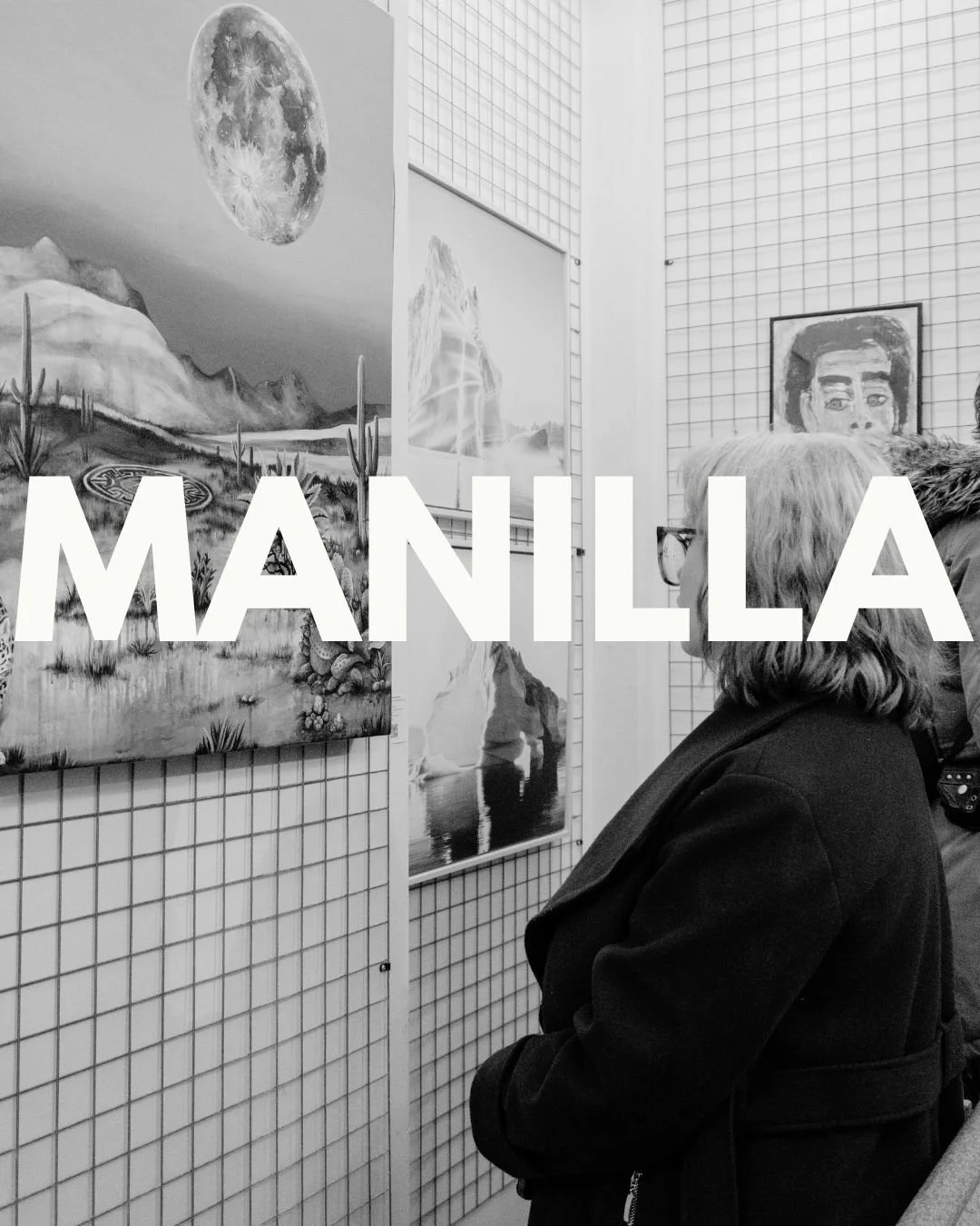 People viewing art pieces in an art gallery with a grid-patterned wall. The artworks include a moon landscape painting and a portrait of a person.