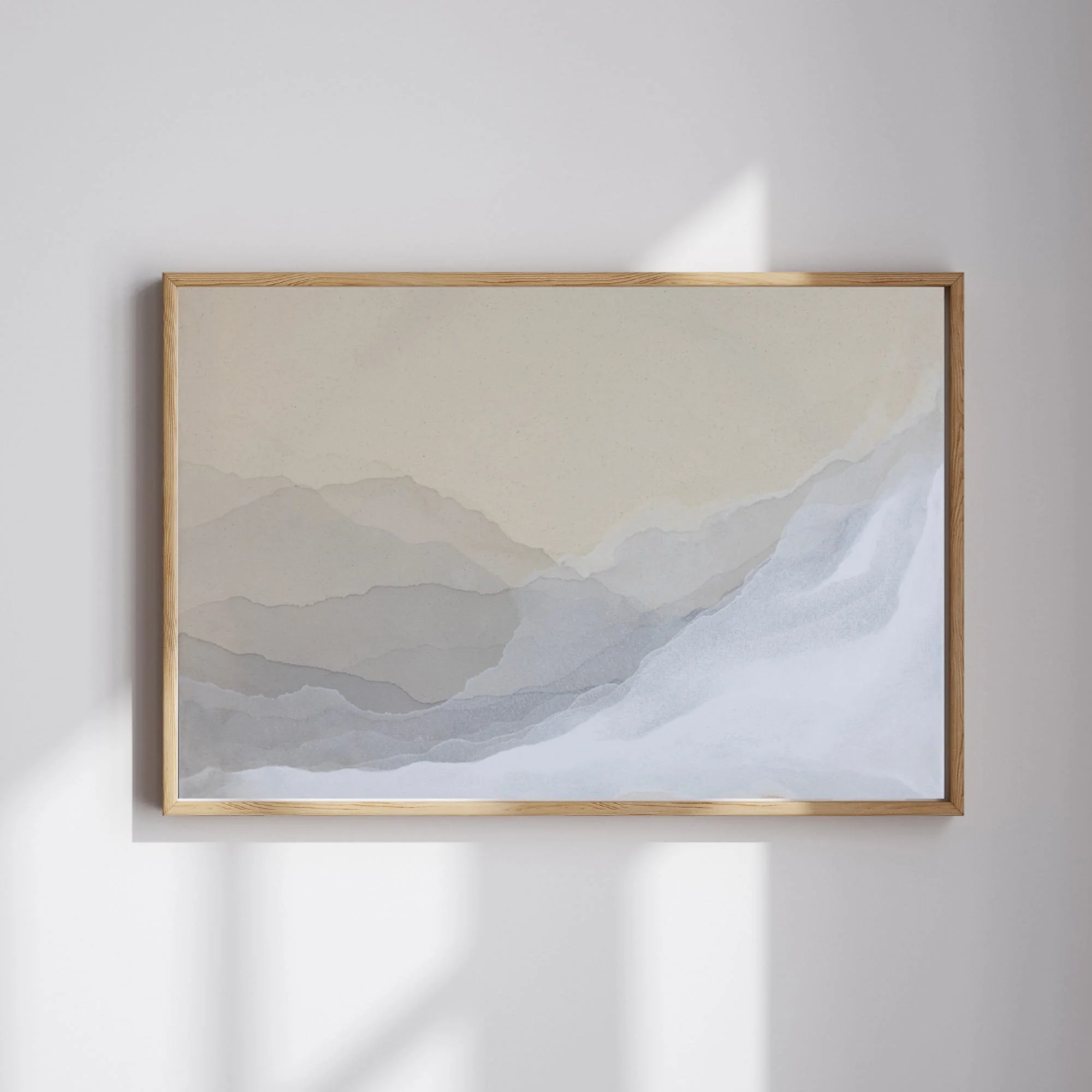 Tide Smoke, a layered fluid acrylic painting—soft neutrals and shifting light evoke the hush of coastal fog above the tide.