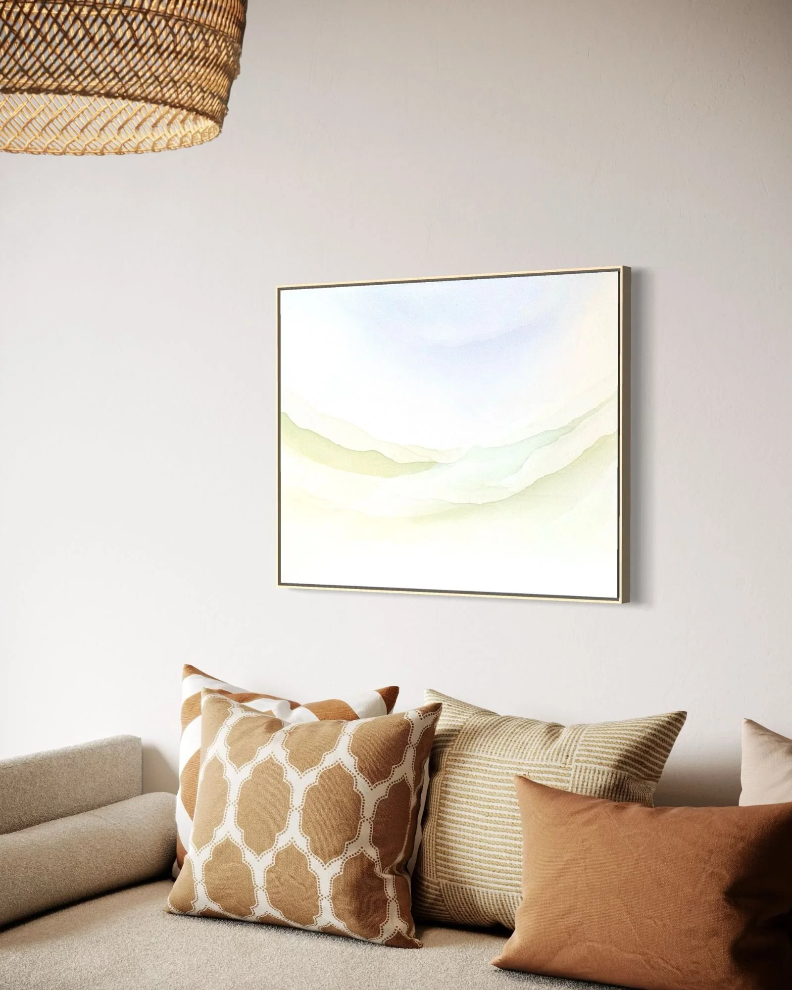 Angled profile view of Where the Seagrass Rests showing the canvas depth in a modern interior.