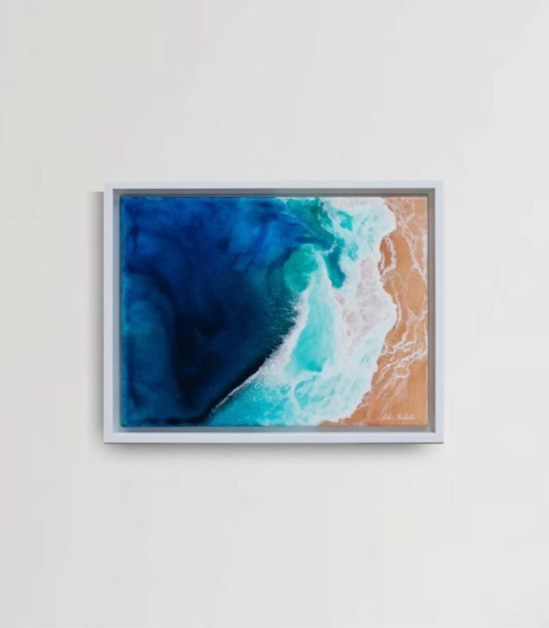 Seafoam Ballet – abstract acrylic painting in oceanic palette, centered against white wall for scale and clarity