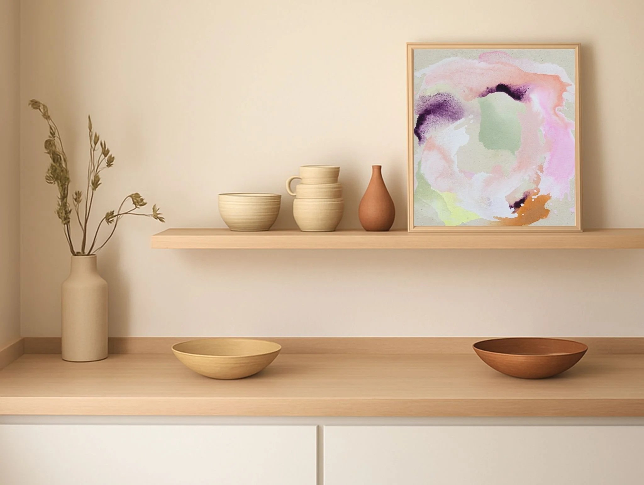 Rainbow Carousel abstract painting in soft pastels—mint, peach, lavender—framed and styled on a wooden shelf with ceramic vessels in a minimalist interior.