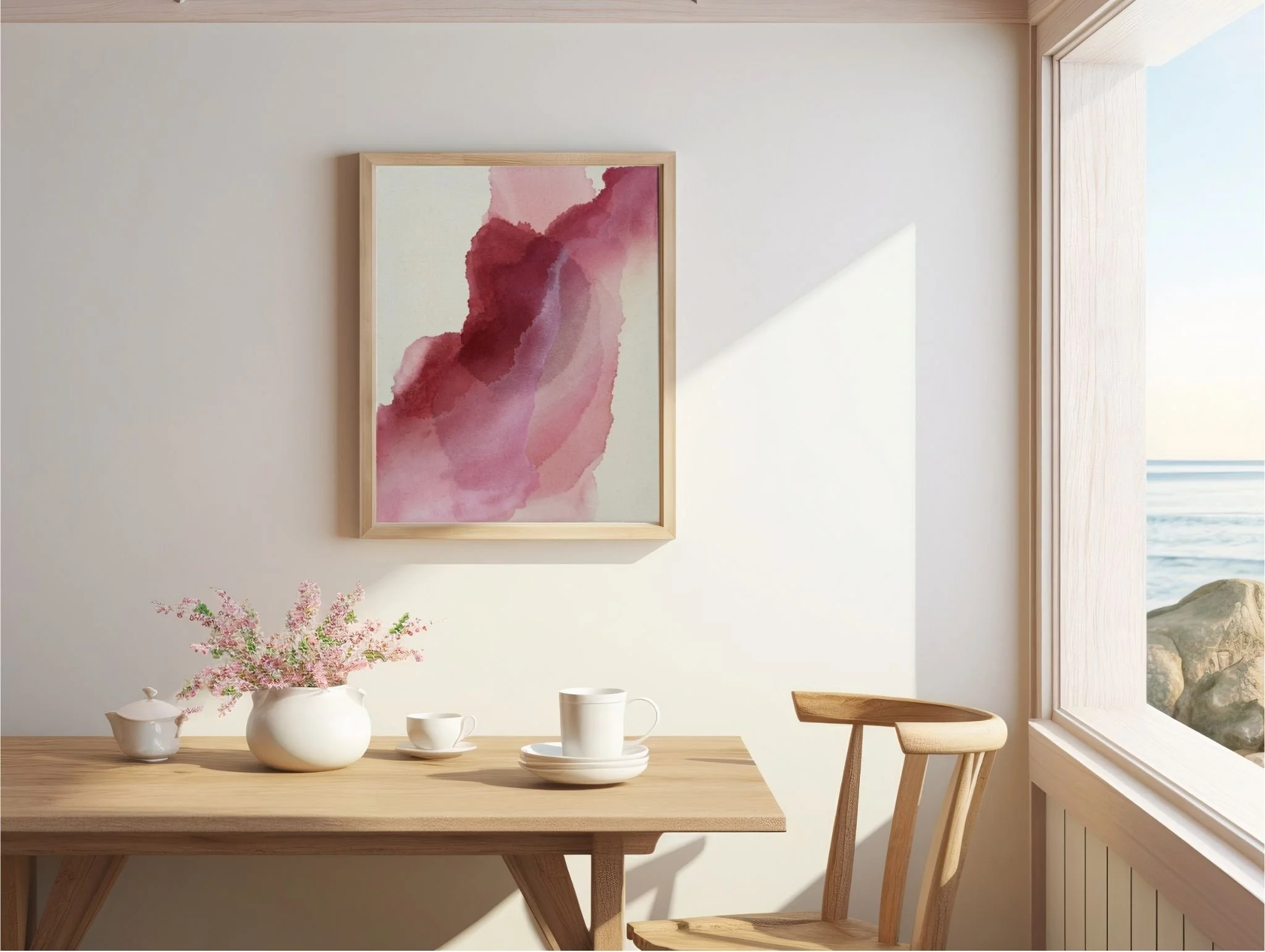 Crimson Tide abstract painting in red and pink above dining table with flowers, teapot, and ocean view through sunlit window.
