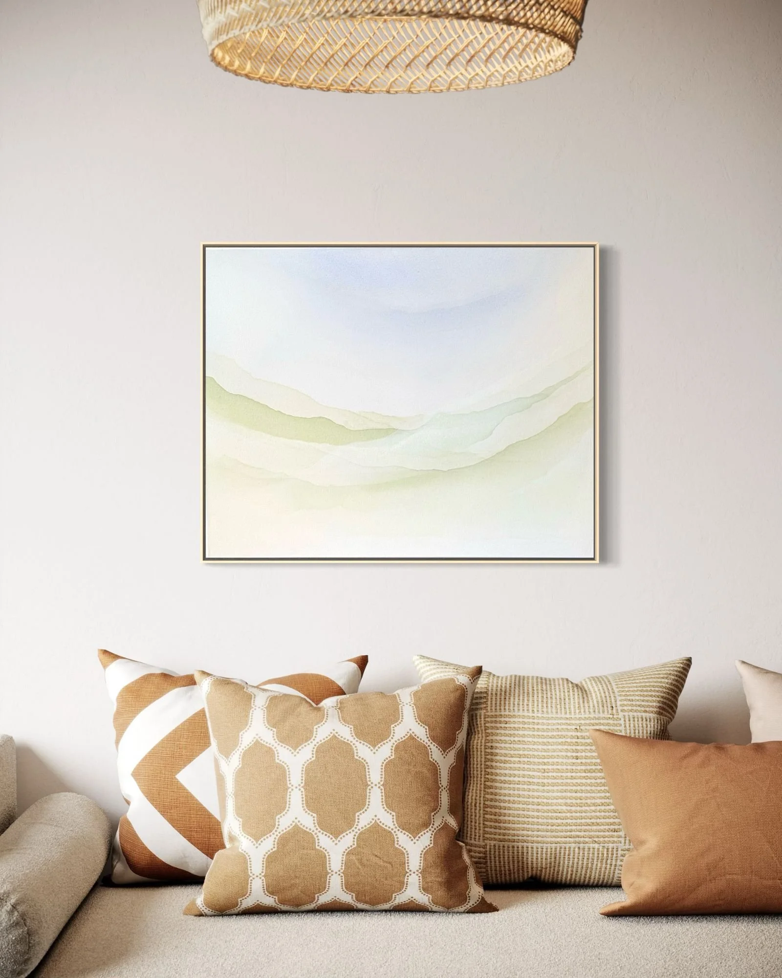 Where the Seagrass Rests abstract fluid acrylic painting by Robin Valentine in a modern living room.
