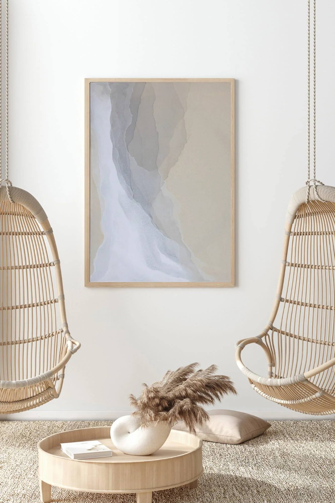 Tide Smoke, a fluid acrylic painting from Whispering Tides—hung in a minimalist room, evoking fog and light above the tide.