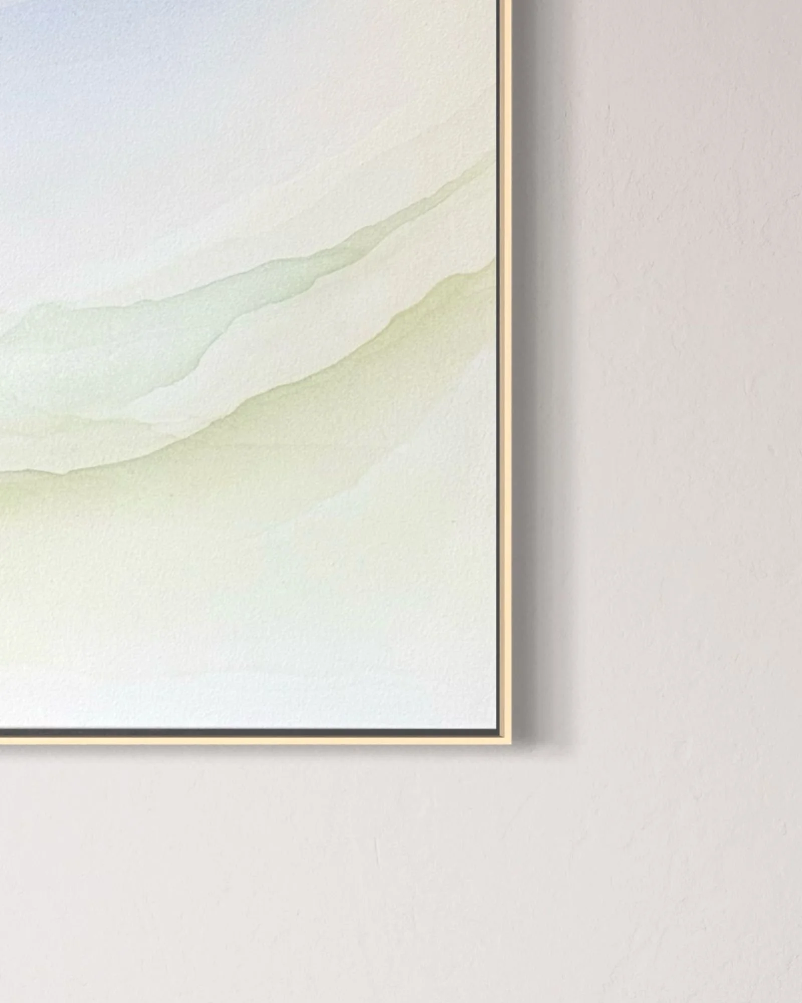 Close-up detail of ethereal green fluid acrylic layers and canvas texture in Where the Seagrass Rests by Robin Valentine.