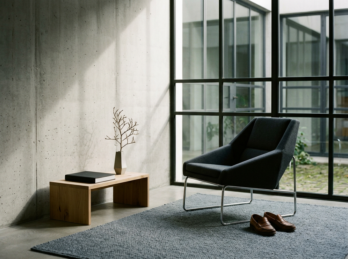 Modern interior with a black upholstered lounge chair, a small wooden side table with a closed book and a decorative branch in a tall vase, a gray area rug, and large glass windows showing a garden outside.