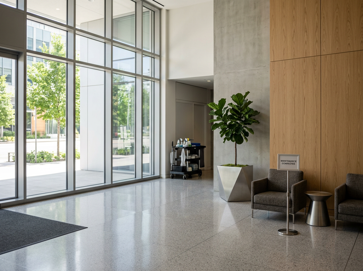 Modern building lobby with large glass windows, potted plant, waiting chairs, and cleaning supplies cart.