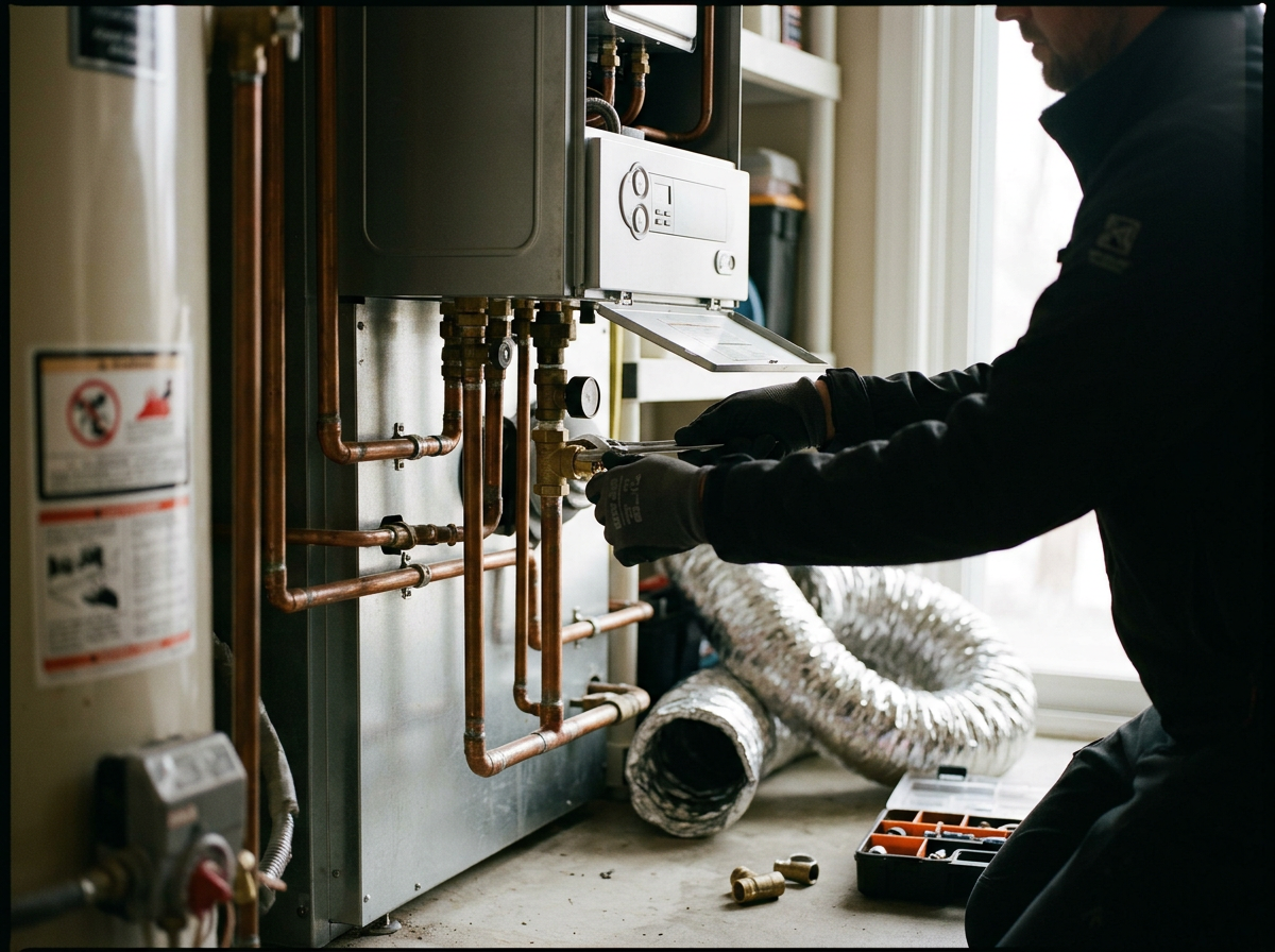 Technician repairing or servicing a boiler or heating system with copper pipes in a utility room.