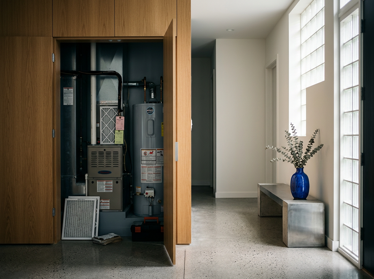 A modern entryway with a wooden closet door open to reveal a utility closet with a water heater, furnace, and ventilation filters. The hallway has a concrete floor, white walls, and a large glass block window with a blue vase containing eucalyptus branches on a concrete bench.