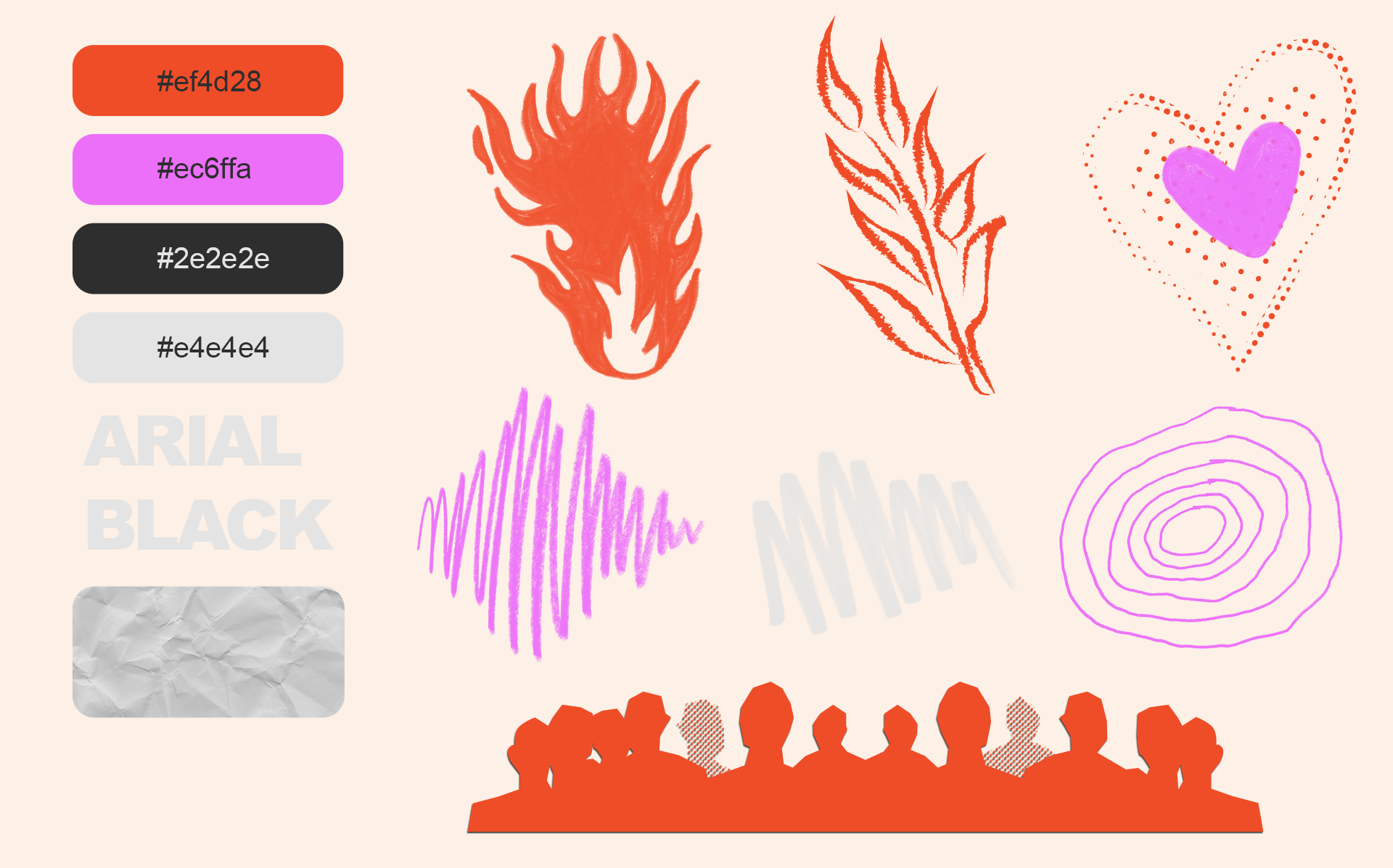 An illustration with colorful abstract shapes and doodles, including flame, fern, heart, scribbles, concentric circles, and a group of people silhouette. A color palette on the left features swatches in shades of red, pink, black, and gray, with hex