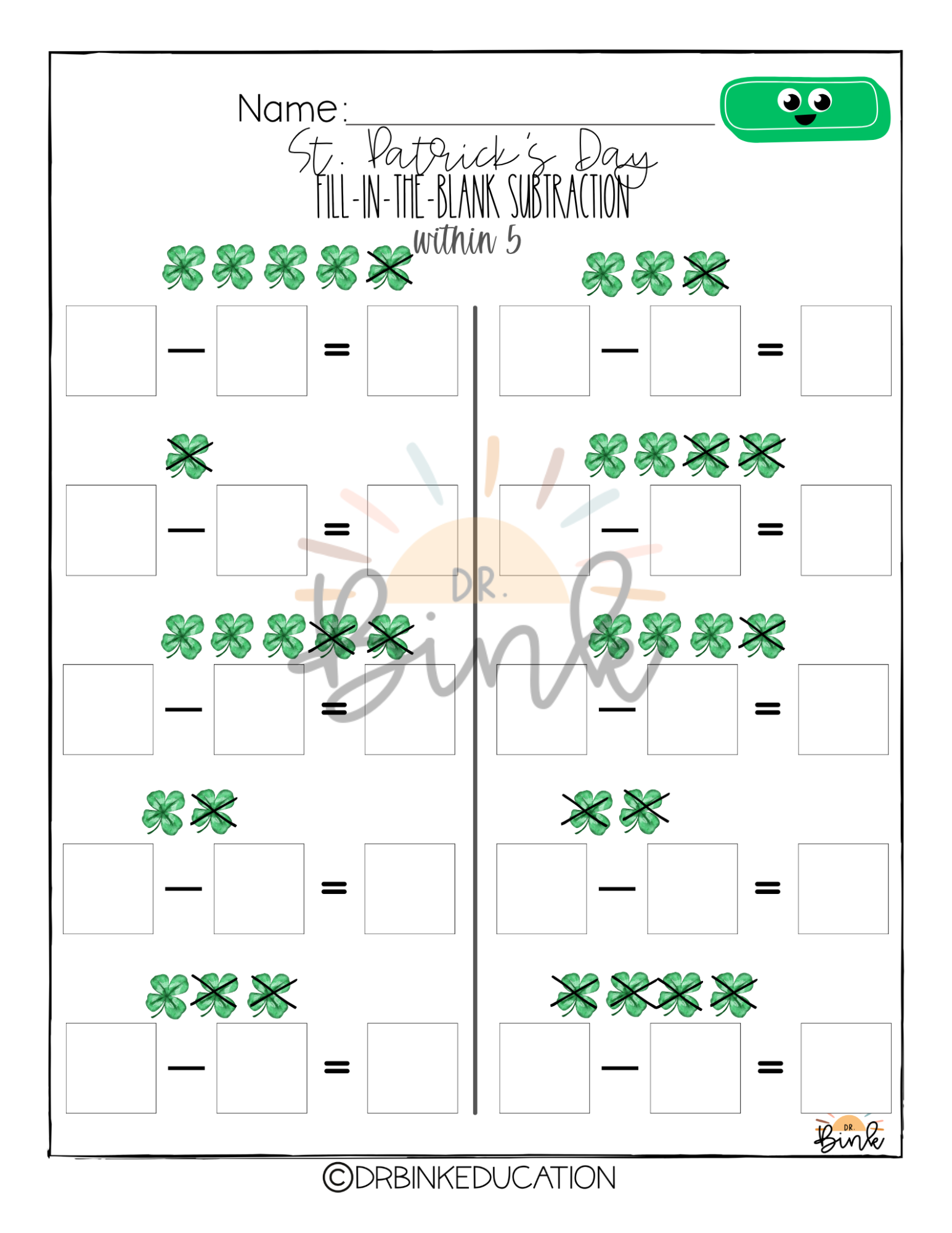 St. Patrick's Day | 3 Blank Subtraction Worksheets | Missing Number Practice