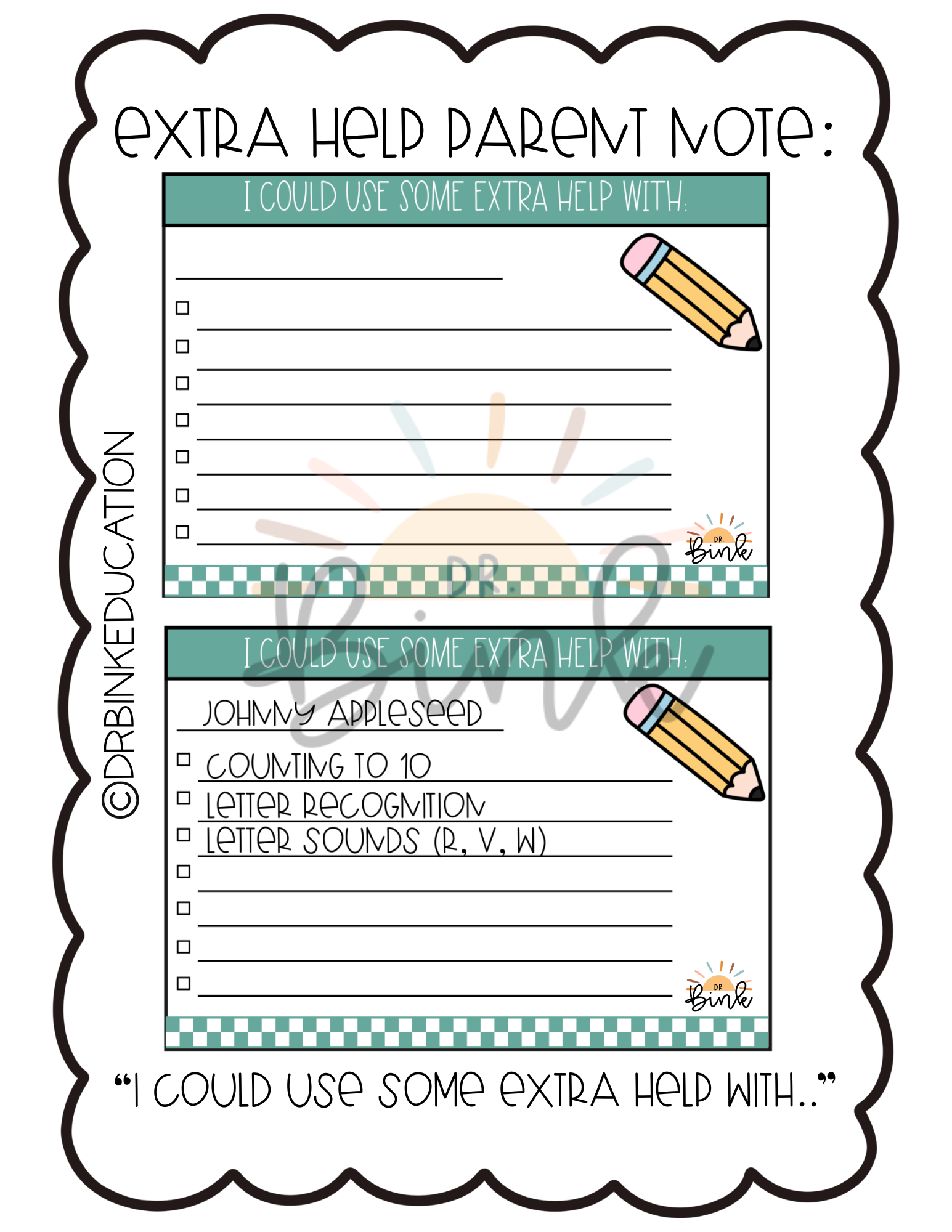 "I could use some extra help" Parent Note