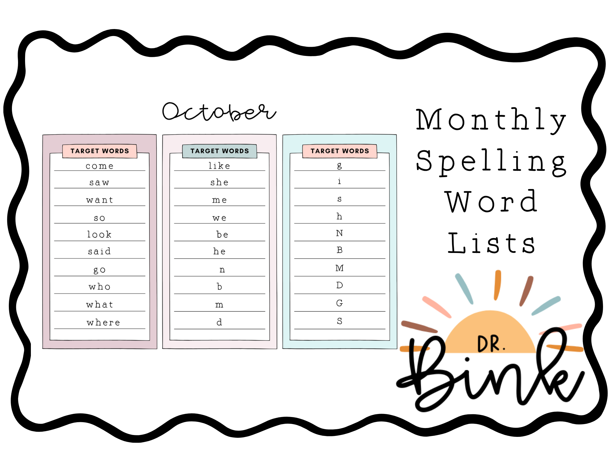 Monthly Kindergarten Spelling Word Lists | No Prep Phonics