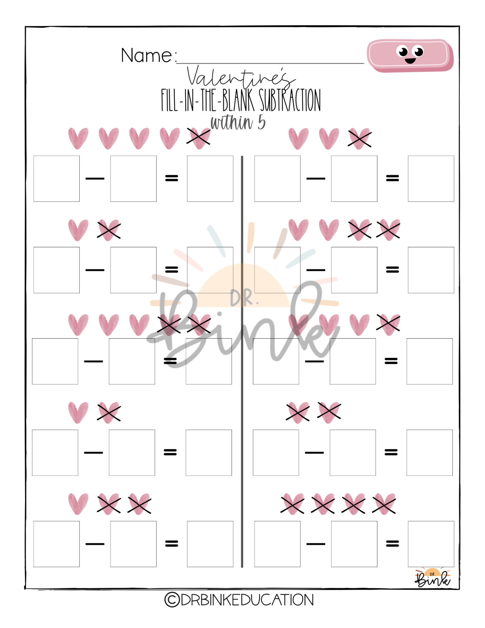 Valentine's Day | 3 Blank Subtraction Worksheets | Missing Number Practice
