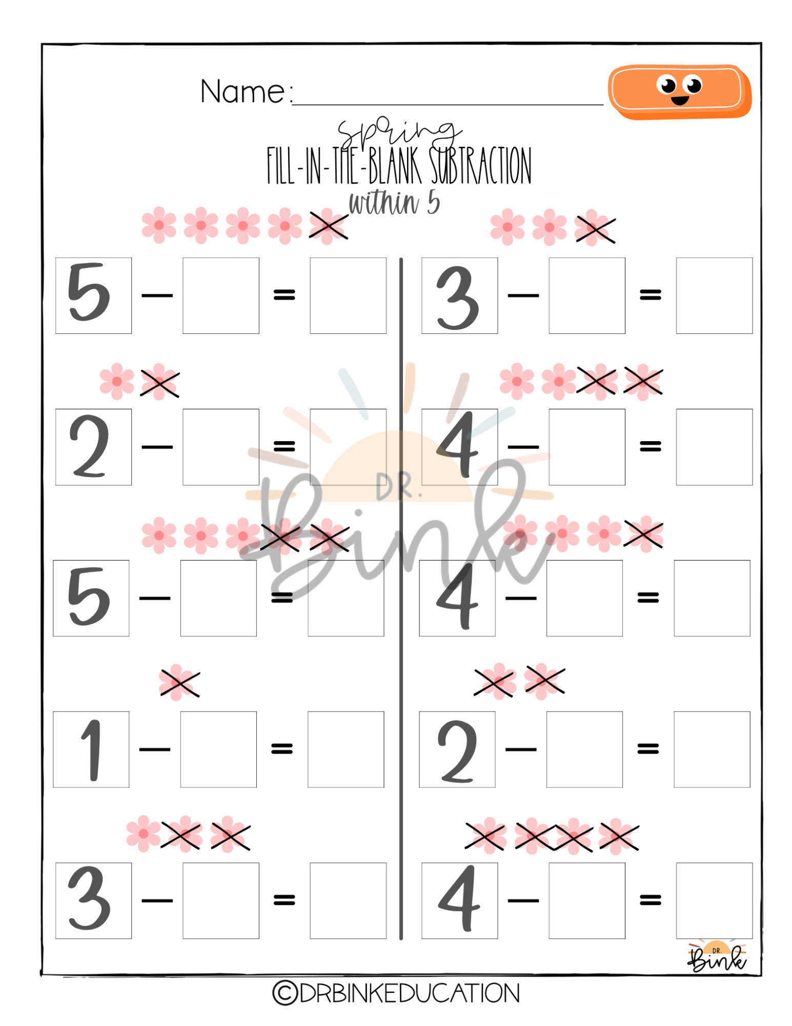 Spring | 2 Blank Subtraction Worksheets | Missing Number Practice