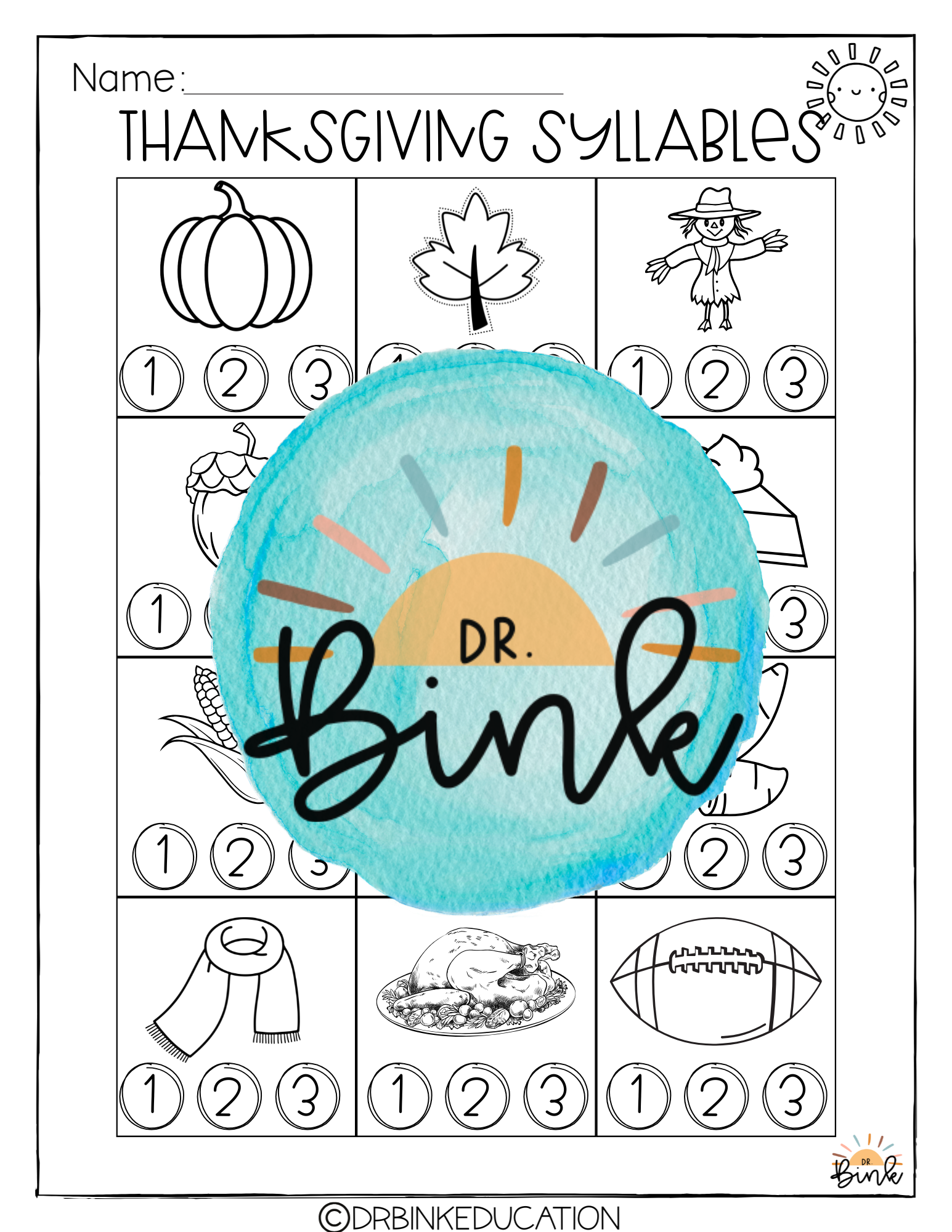 Thanksgiving Syllables Worksheet | Phonics Activity | No Prep