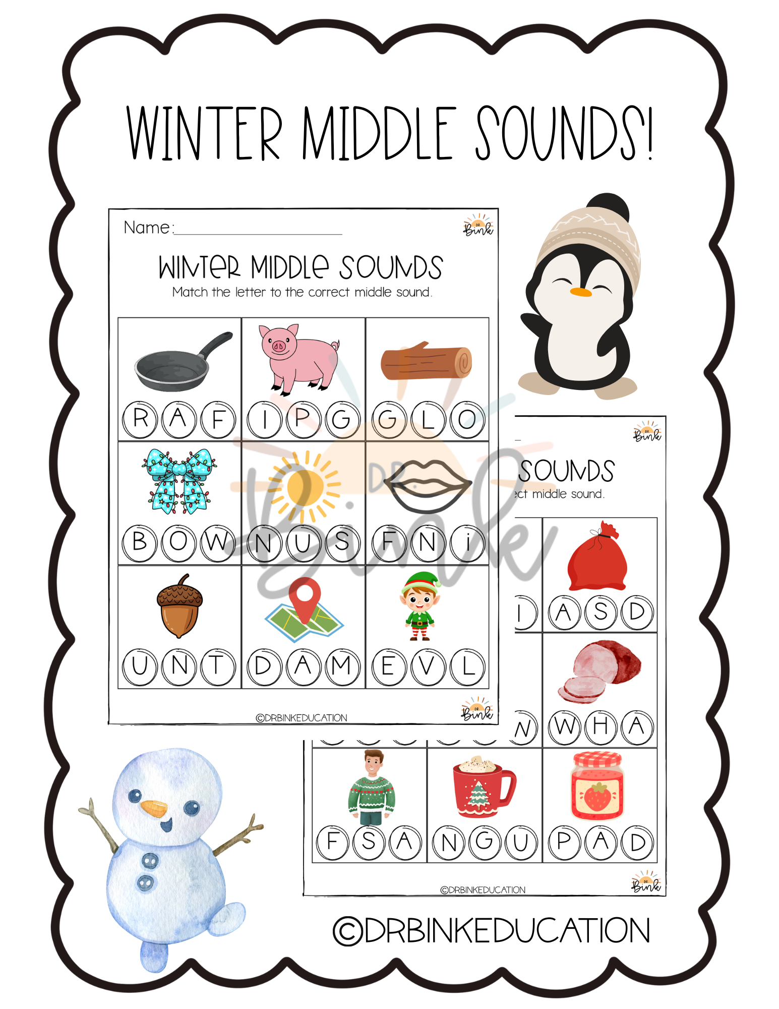 Winter Middle Sounds Worksheets | Phonics Practice | No Prep