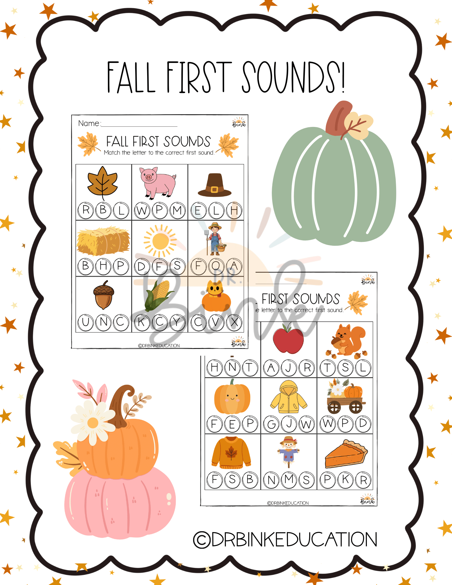 Fall Beginning Middle Ending Sounds Bundle | No Prep Worksheets